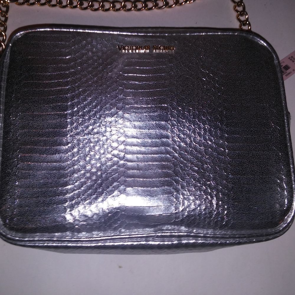 Victoria Secret Purse Shoulder Bag Silver Snakeskin Print Gold Chain Metallic - Picture 4 of 11